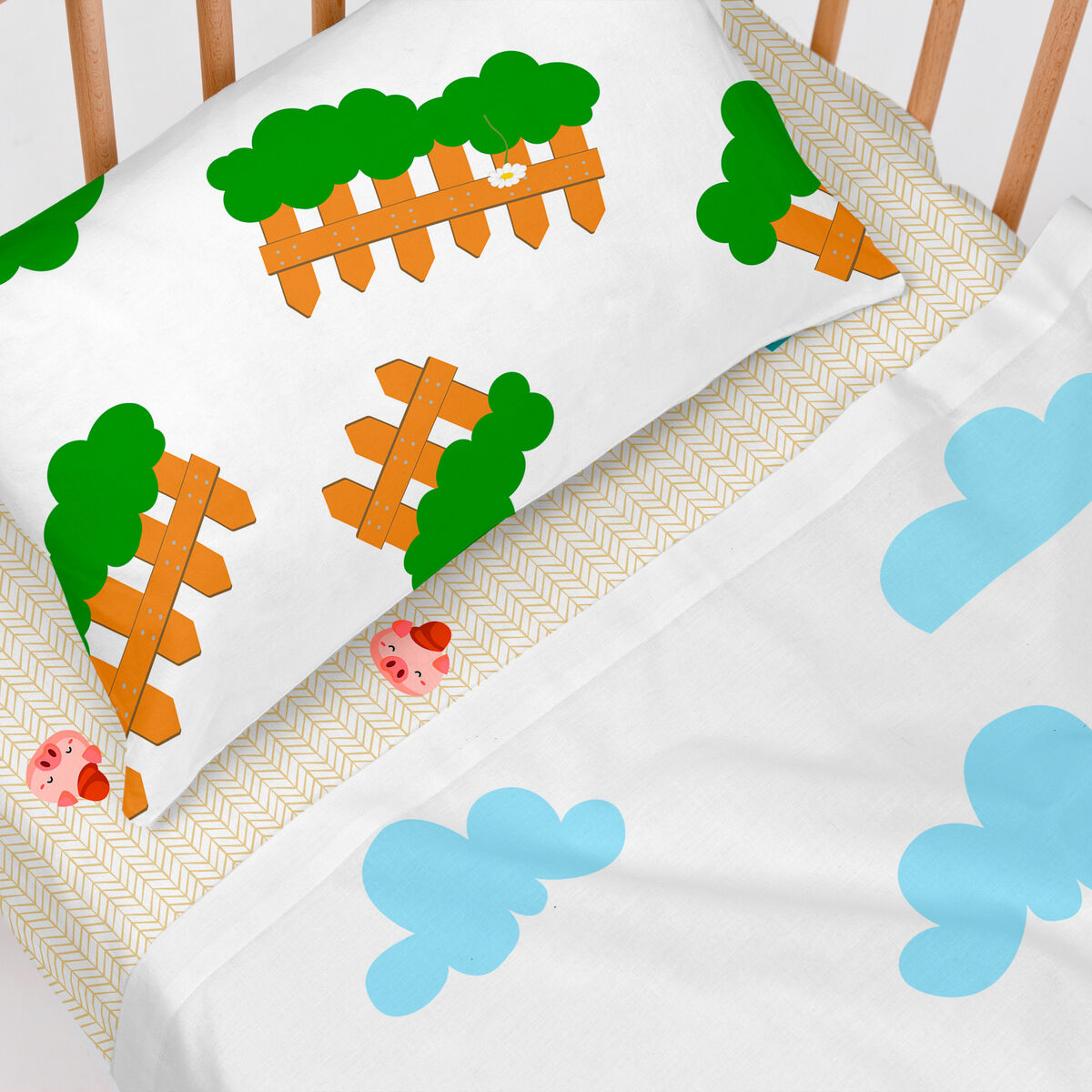 Set di Lenzuola per Culla HappyFriday Mr Fox Piggys Multicolore Culla Neonato